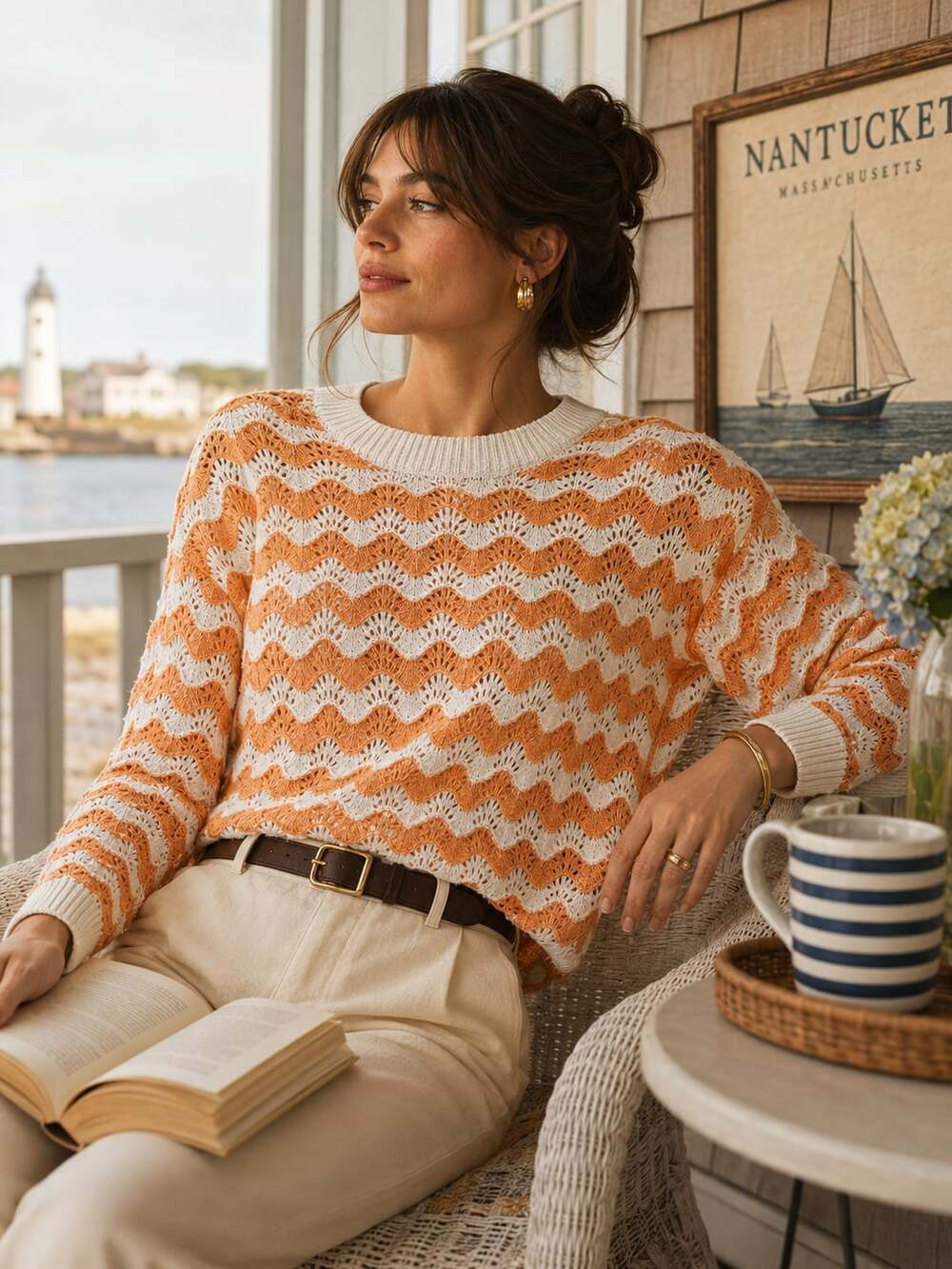 LOFT Orange White Chevron Open Knit Sweater Coastal Prep Cottagecore S